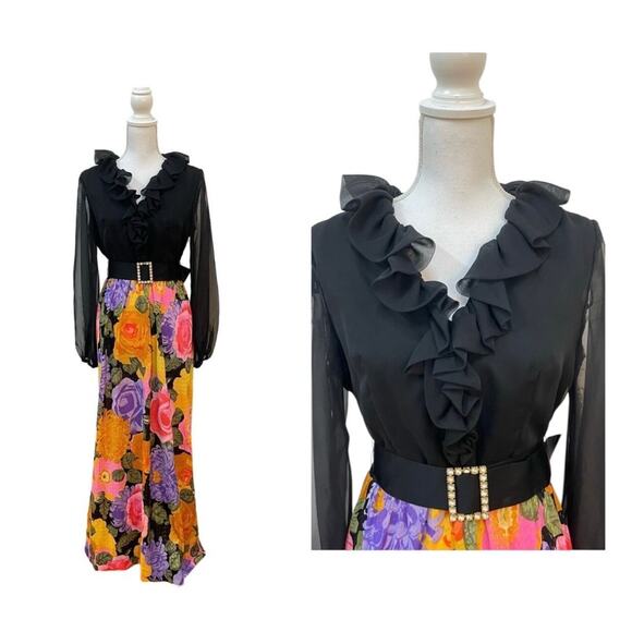 Vintage 60s 70s Black Floral Rhinestone Belted Hostess Party Maxi Dress Size S - Picture 1 of 8